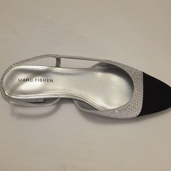 BRAND NEW MARC FISHER RHINESTONE  EMBELLISHMENT BLACK & SILVER SLINGBACK FLATS - Picture 16 of 16